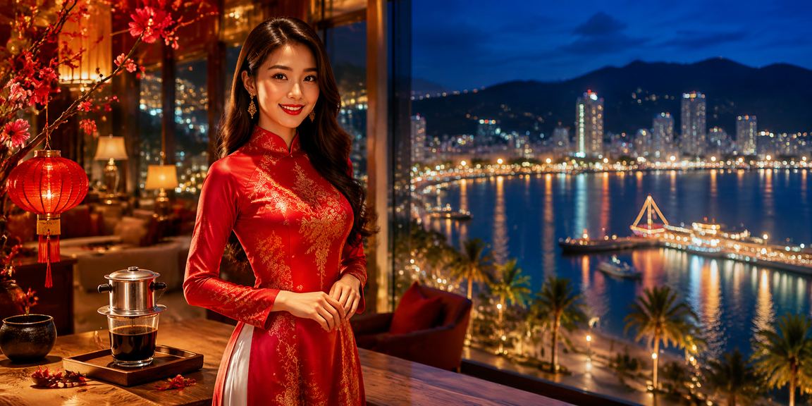 Không gian Nha Trang với bàn bài và áo dài trong bối cảnh giải trí